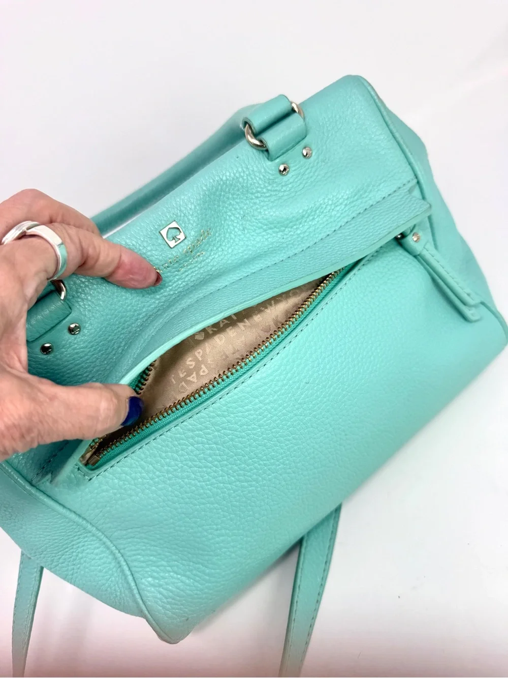 Kate Spade Grant Park Hadlen Satchel Crossbody Bag Aqua Blue Zipper Front Pocket